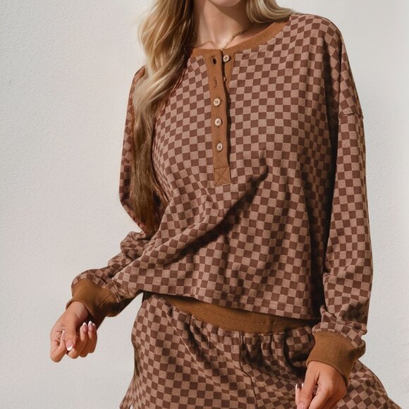 Double Take Checkered Half-Button Top and Shorts Set - Stylish & Comfortable 2Pc - Picture 1 of 7